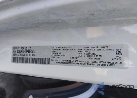 2023 Ram Promaster 2500 High Roof 159 Wb из США, поврежденный, VIN 3C6LRVDG8PE547078